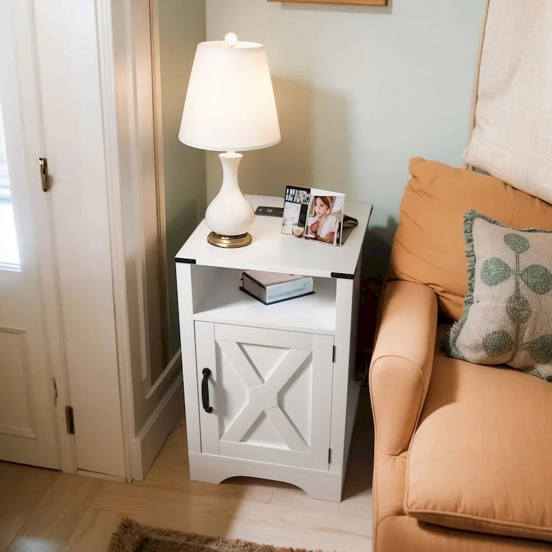 Farmhouse Nightstand with Charging Station and Barn Door