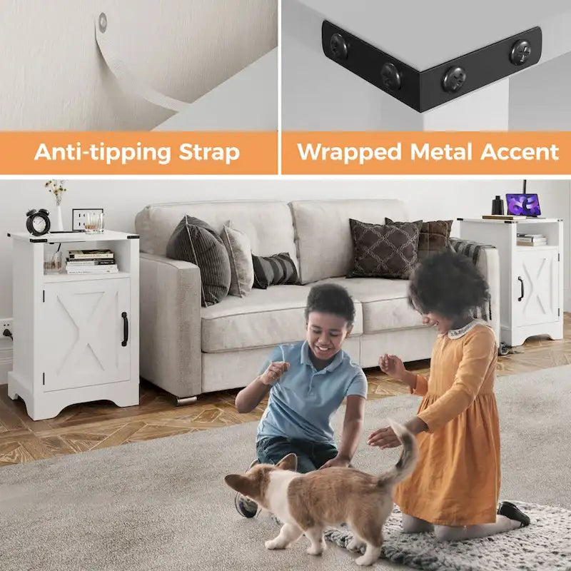 Farmhouse Nightstand with Charging Station and Barn Door