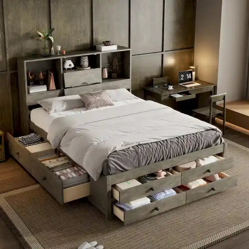 Queen Size Platform Bed with Storage Headboard