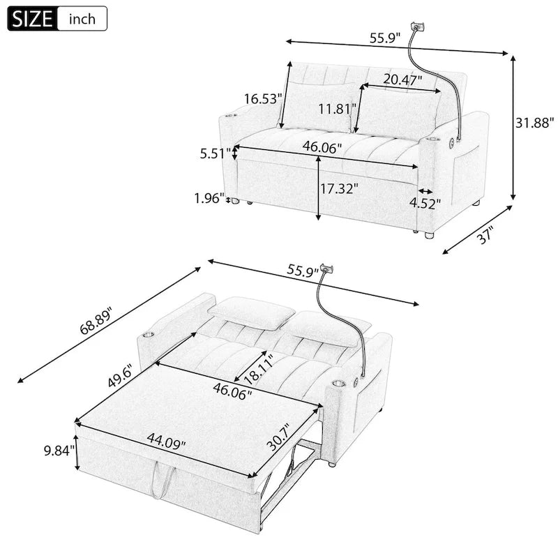 55.9  Convertible Sofa Bed Loveseat Sofa With Three Usb Ports