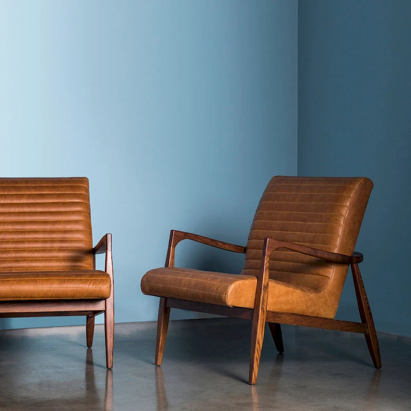 Walnut Ribbed Leather Lounge Chair