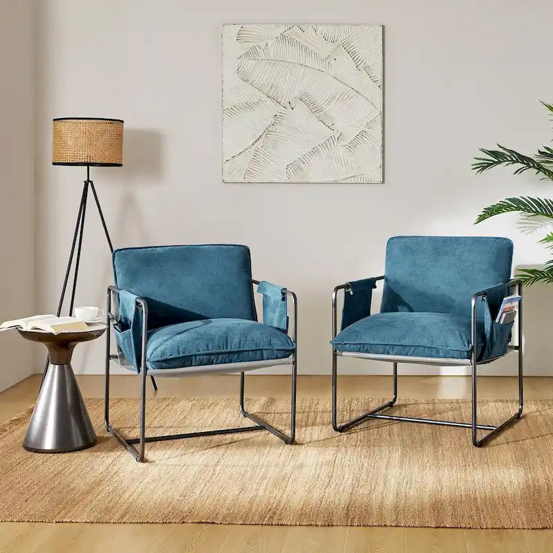 Modern metal-framed armchair with storage pocket