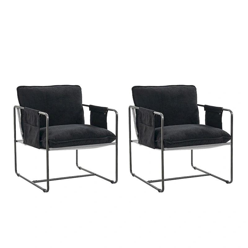 Modern metal-framed armchair with storage pocket