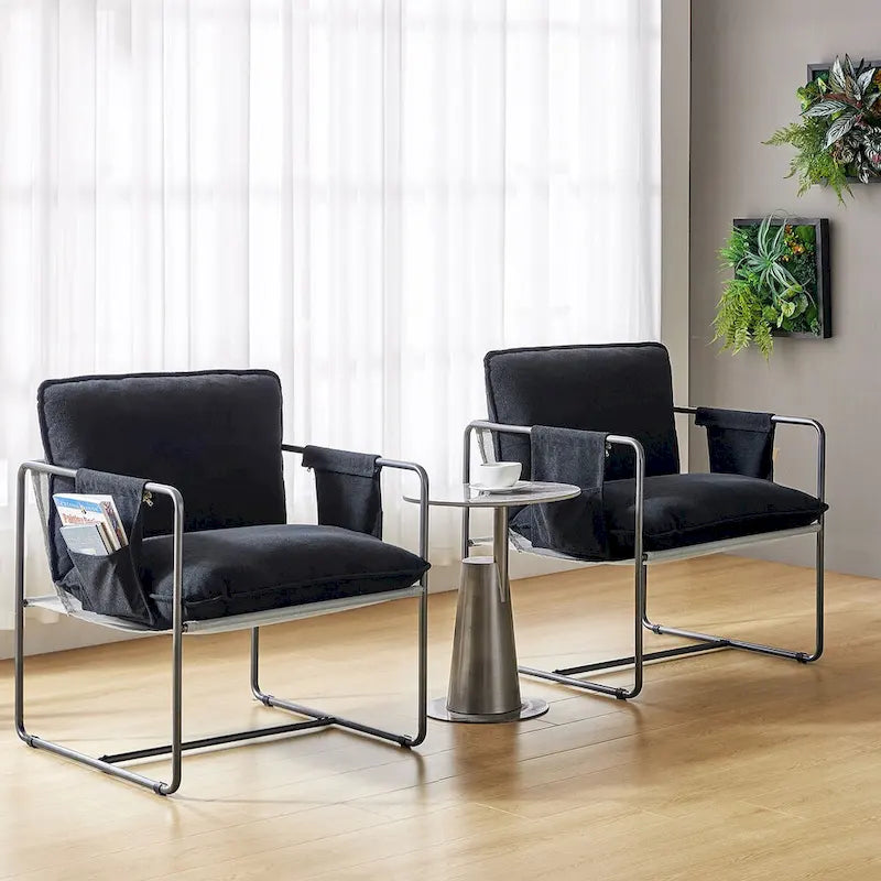 Modern metal-framed armchair with storage pocket