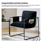 Modern metal-framed armchair with storage pocket