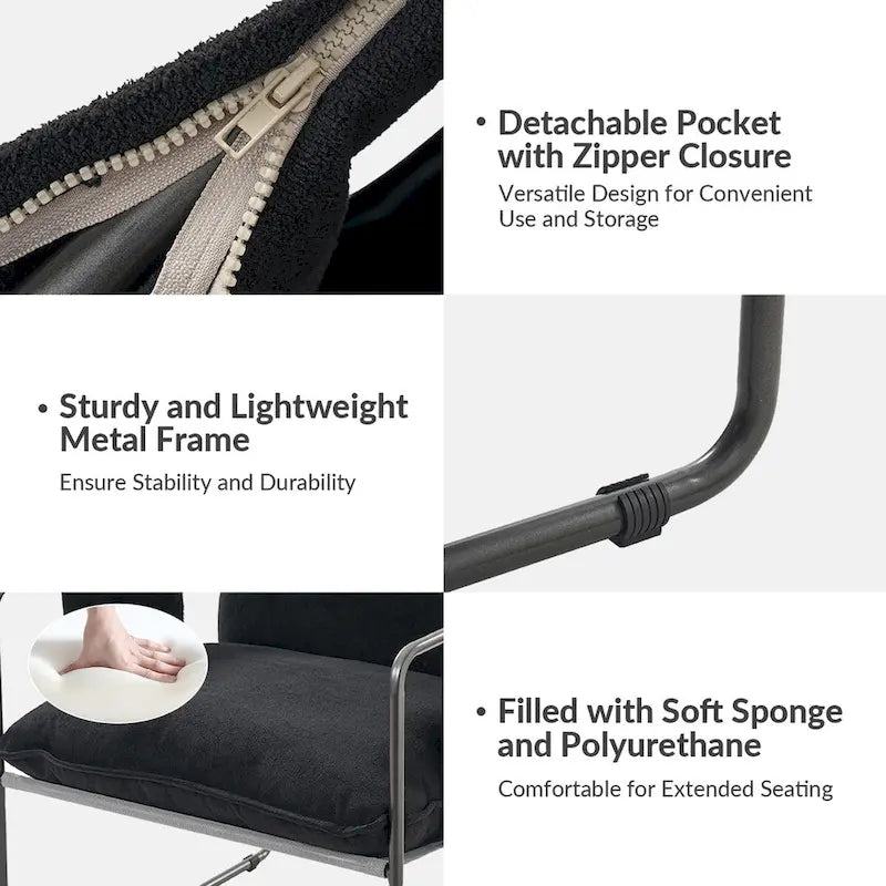 Modern metal-framed armchair with storage pocket