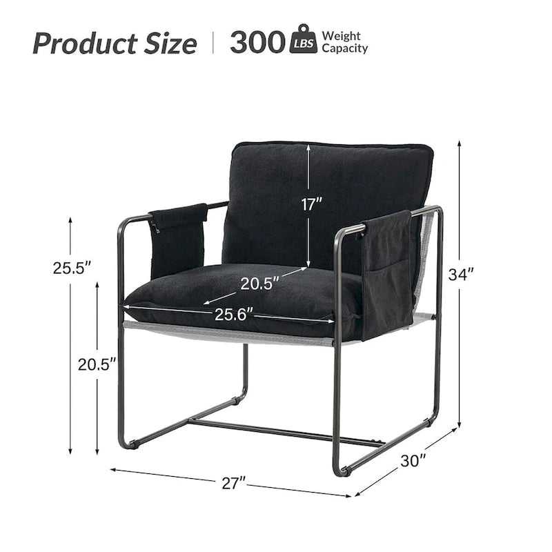 Modern metal-framed armchair with storage pocket