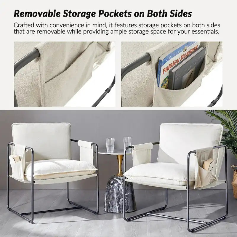 Modern metal-framed armchair with storage pocket