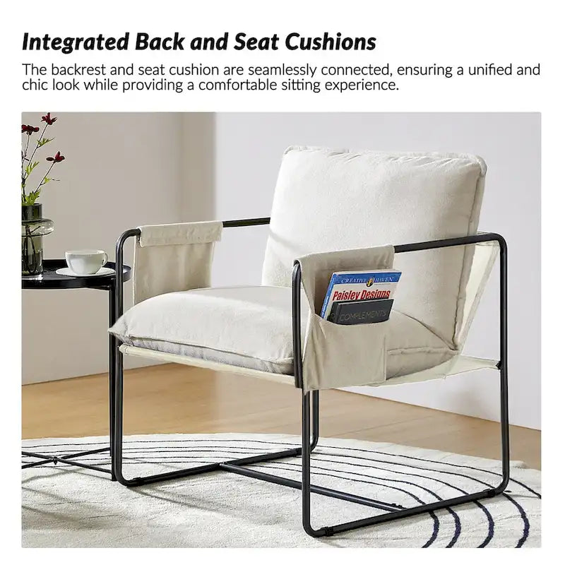 Modern metal-framed armchair with storage pocket