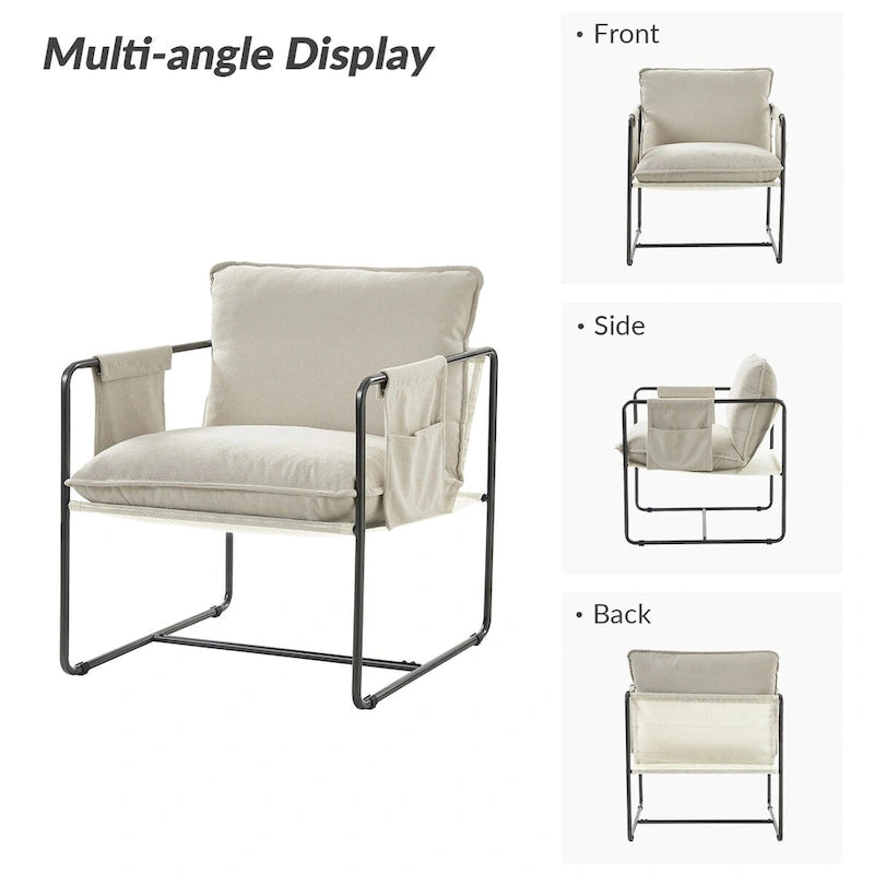 Modern metal-framed armchair with storage pocket