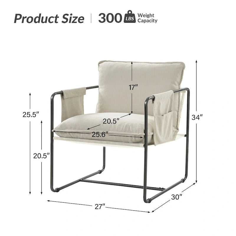 Modern metal-framed armchair with storage pocket