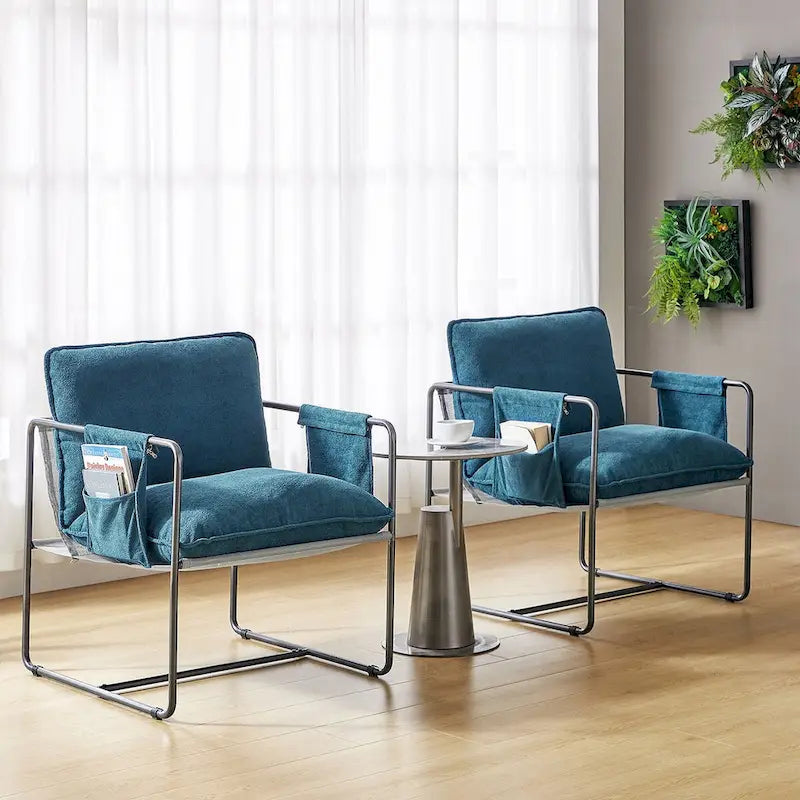 Modern metal-framed armchair with storage pocket