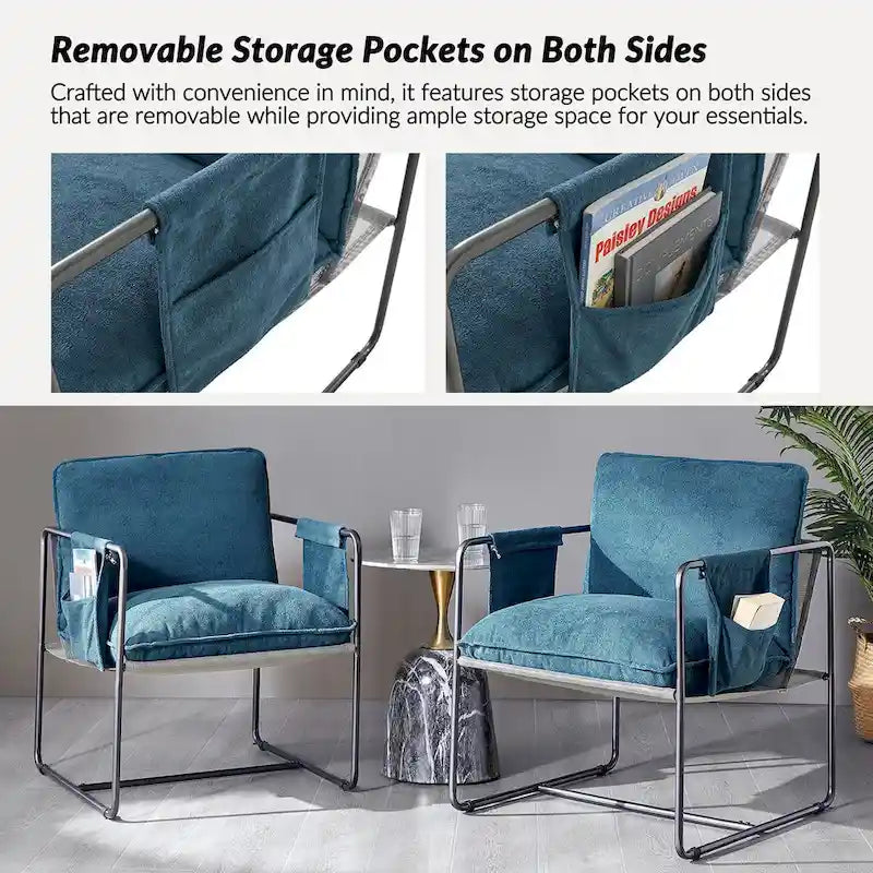 Modern metal-framed armchair with storage pocket