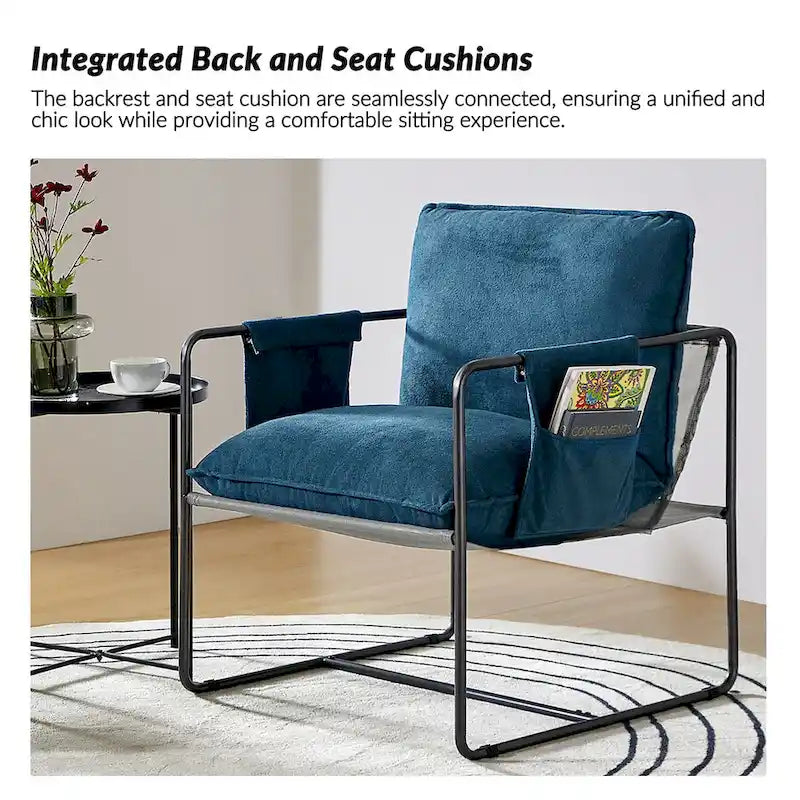 Modern metal-framed armchair with storage pocket