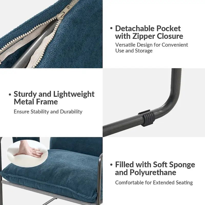 Modern metal-framed armchair with storage pocket