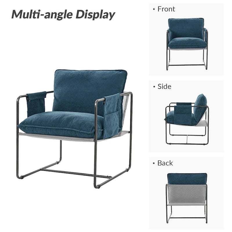 Modern metal-framed armchair with storage pocket