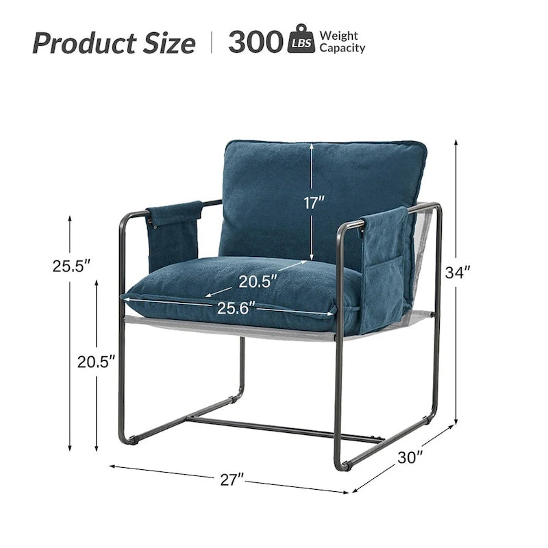 Modern metal-framed armchair with storage pocket