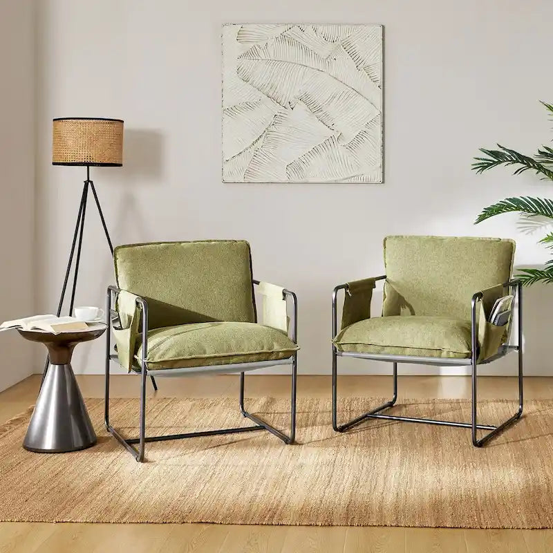 Modern metal-framed armchair with storage pocket