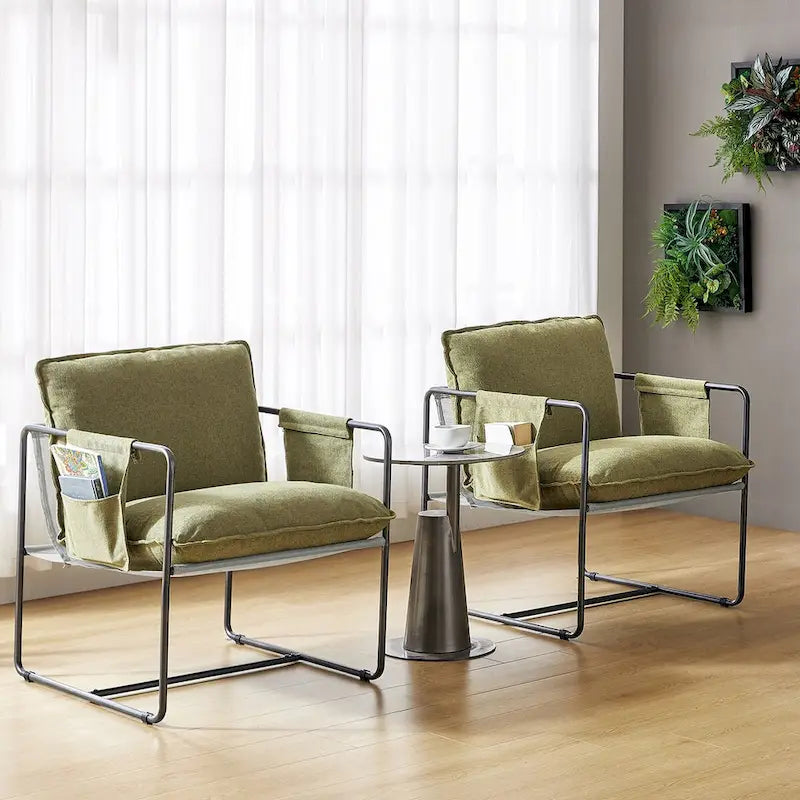 Modern metal-framed armchair with storage pocket