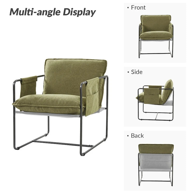 Modern metal-framed armchair with storage pocket