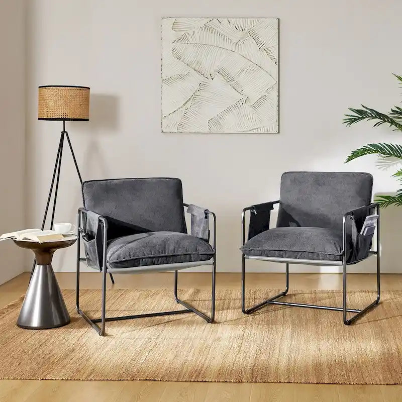Modern metal-framed armchair with storage pocket