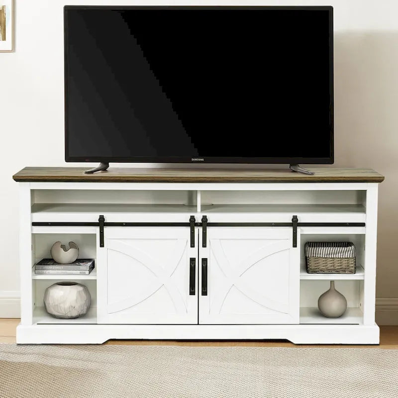 68  Rustic Sliding Barn Door TV Stand White TV Console for 80  TVs