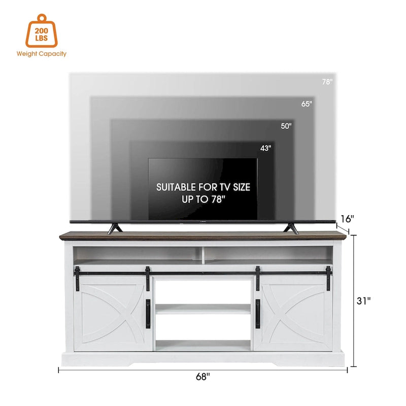 68  Rustic Sliding Barn Door TV Stand White TV Console for 80  TVs