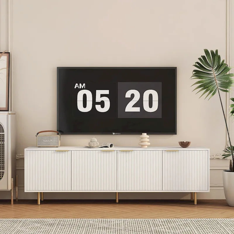 White TV Stand Fluted 68  with Power Outlet,Entertainment Center with Storage Doors,TV Console Media Cabinet,for 55+ Inch TV