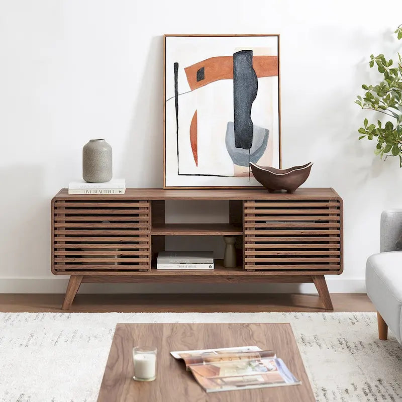 Walnut 59" TV Stand with Sliding Doors for 2-4 People