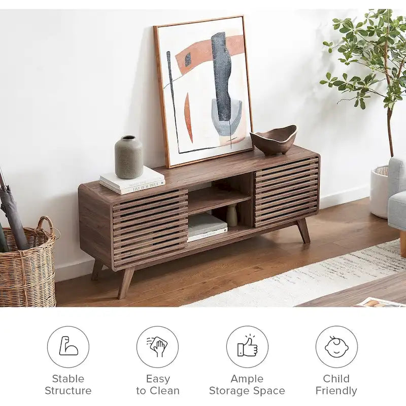 Walnut 59" TV Stand with Sliding Doors for 2-4 People