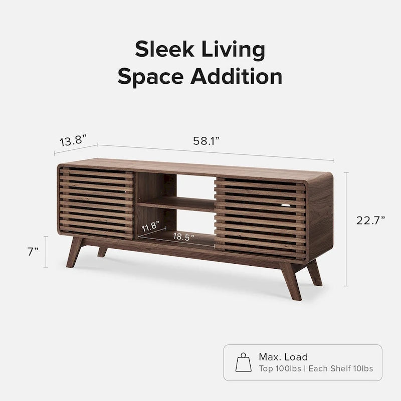 Walnut 59" TV Stand with Sliding Doors for 2-4 People