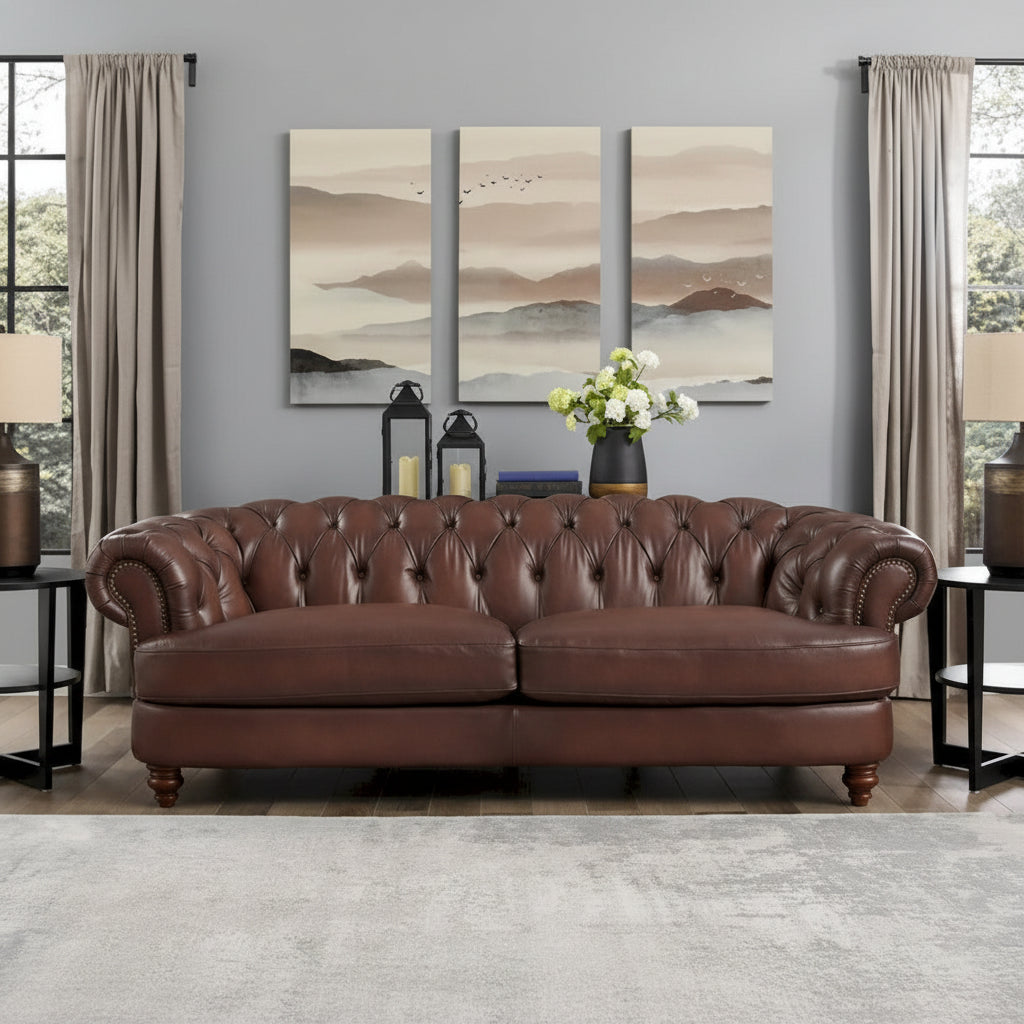 Hydeline Newport Top Grain Chesterfield Leather Sofa with Feather, Memory Foam and Springs