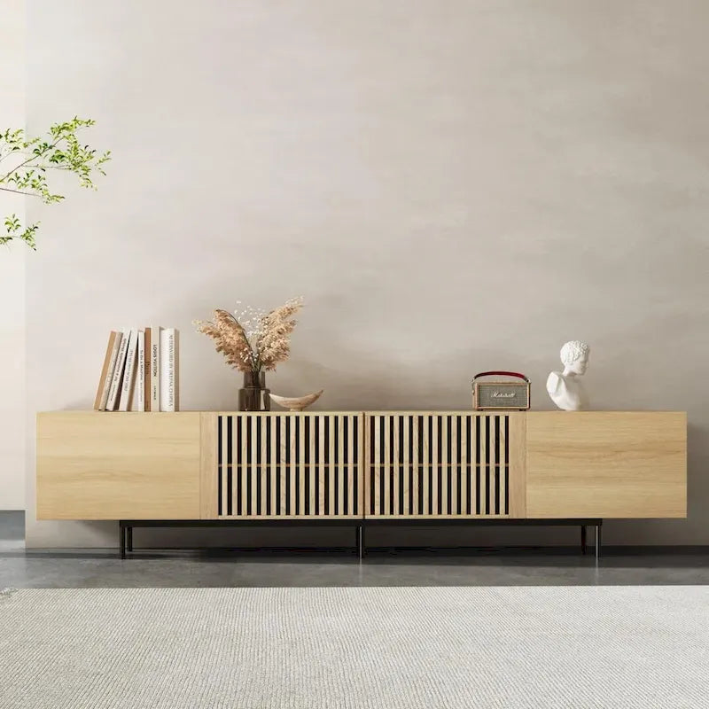 Stylish mid-century modern TV stand for up to 80  TVs. Ample storage for media devices, cable management. easy assembly.