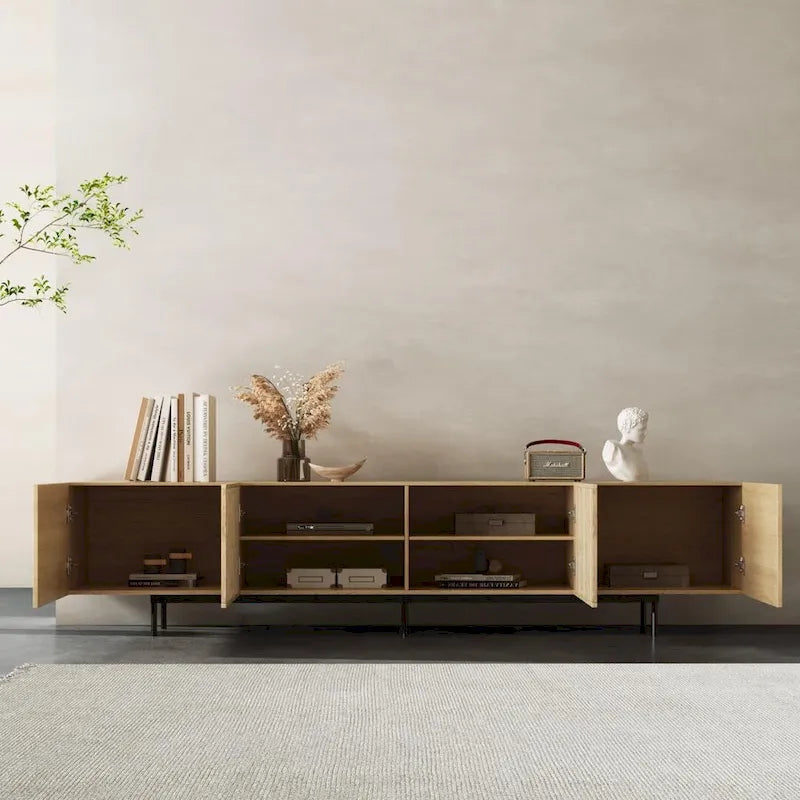 Stylish mid-century modern TV stand for up to 80  TVs. Ample storage for media devices, cable management. easy assembly.