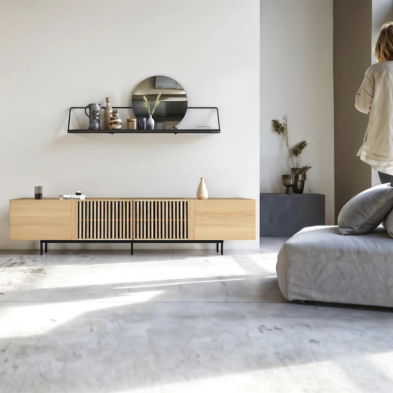 Stylish mid-century modern TV stand for up to 80  TVs. Ample storage for media devices, cable management. easy assembly.