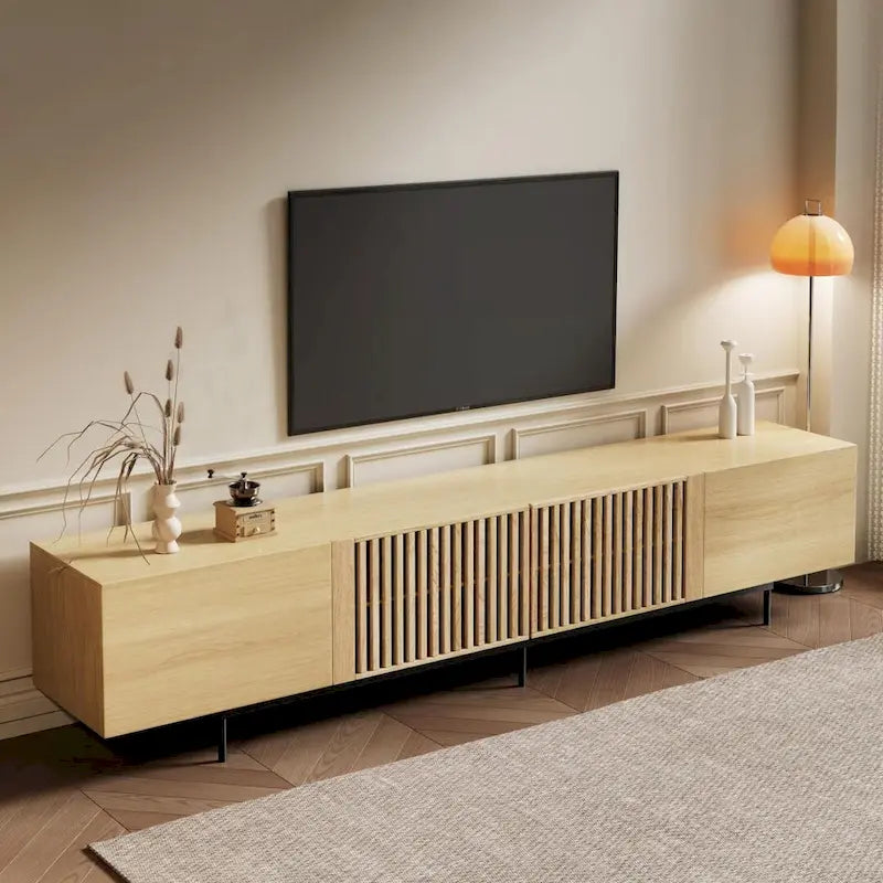 Stylish mid-century modern TV stand for up to 80  TVs. Ample storage for media devices, cable management. easy assembly.