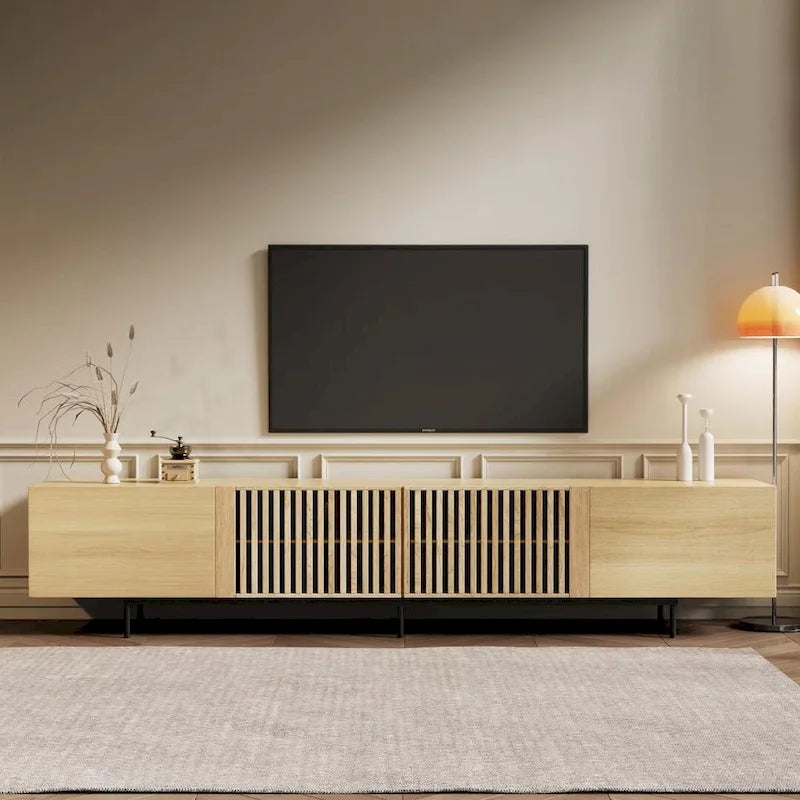 Stylish mid-century modern TV stand for up to 80  TVs. Ample storage for media devices, cable management. easy assembly.