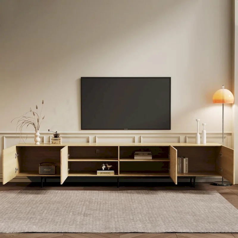 Stylish mid-century modern TV stand for up to 80  TVs. Ample storage for media devices, cable management. easy assembly.