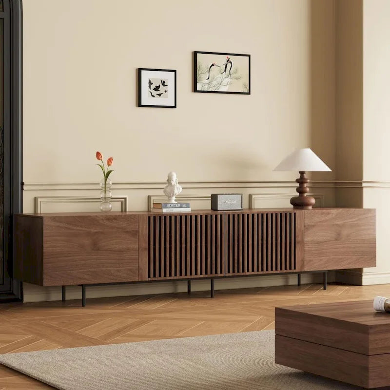 Stylish mid-century modern TV stand for up to 80  TVs. Ample storage for media devices, cable management. easy assembly.