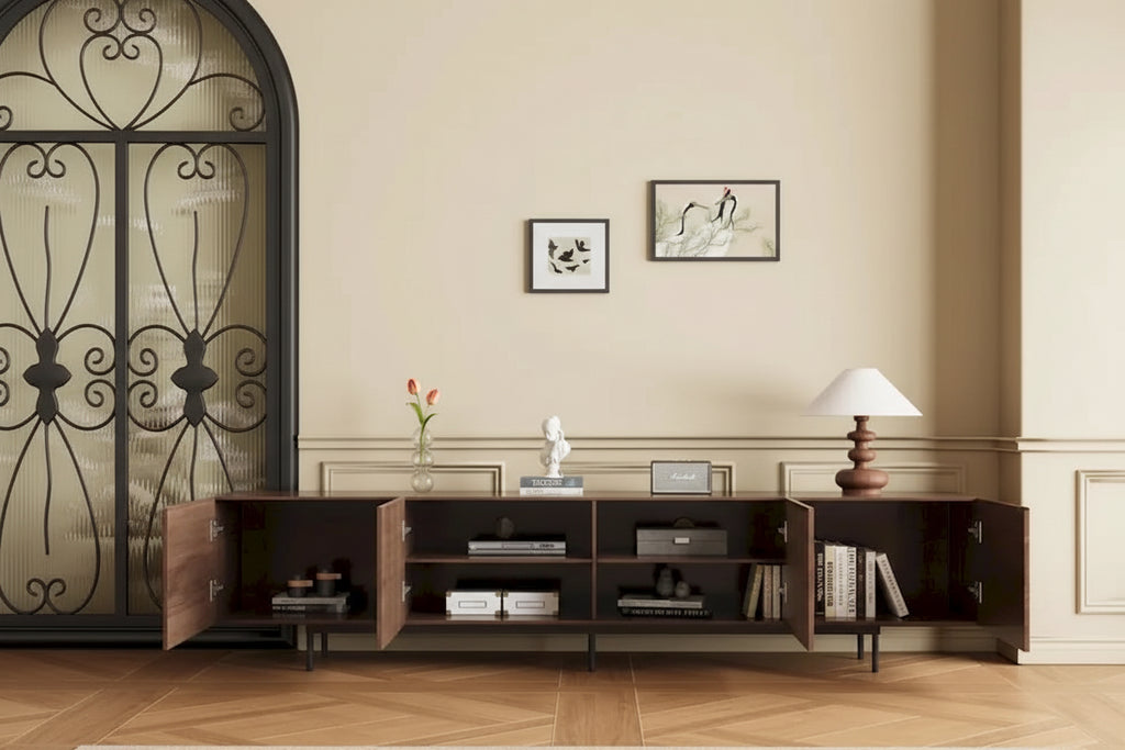Stylish mid-century modern TV stand for up to 80  TVs. Ample storage for media devices, cable management. easy assembly.