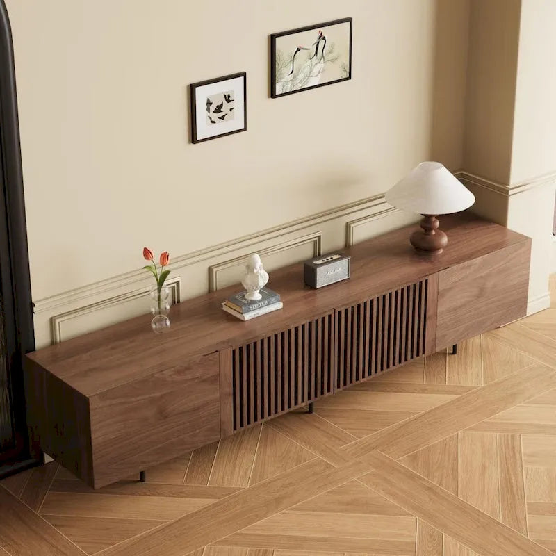 Stylish mid-century modern TV stand for up to 80  TVs. Ample storage for media devices, cable management. easy assembly.