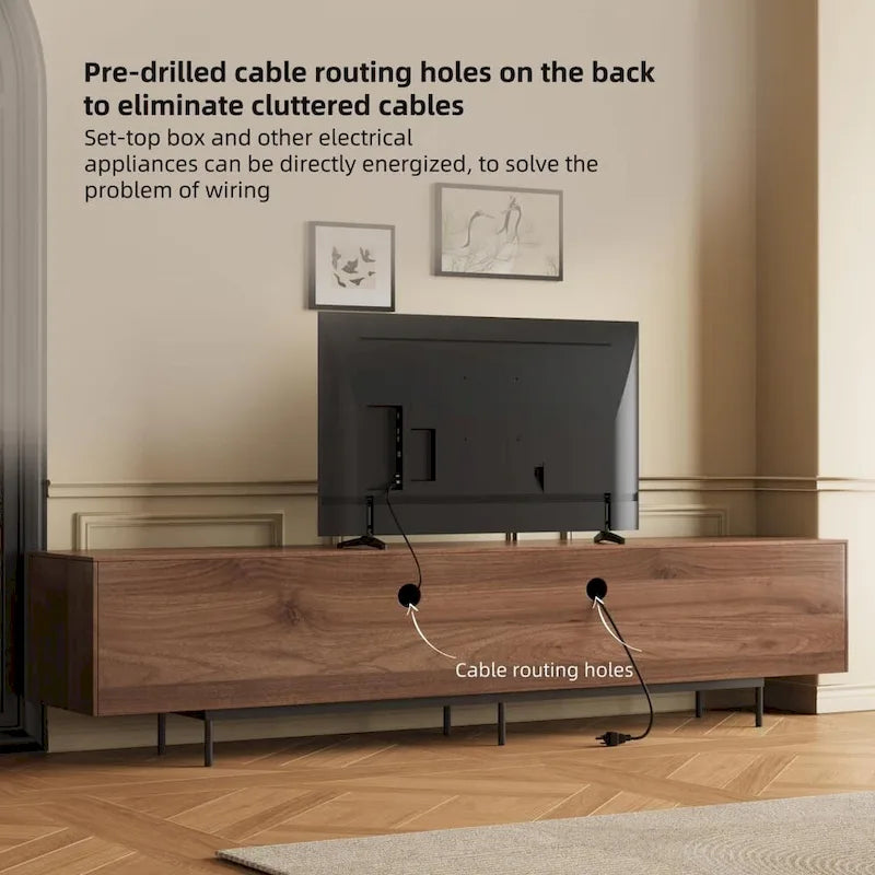 Stylish mid-century modern TV stand for up to 80  TVs. Ample storage for media devices, cable management. easy assembly.