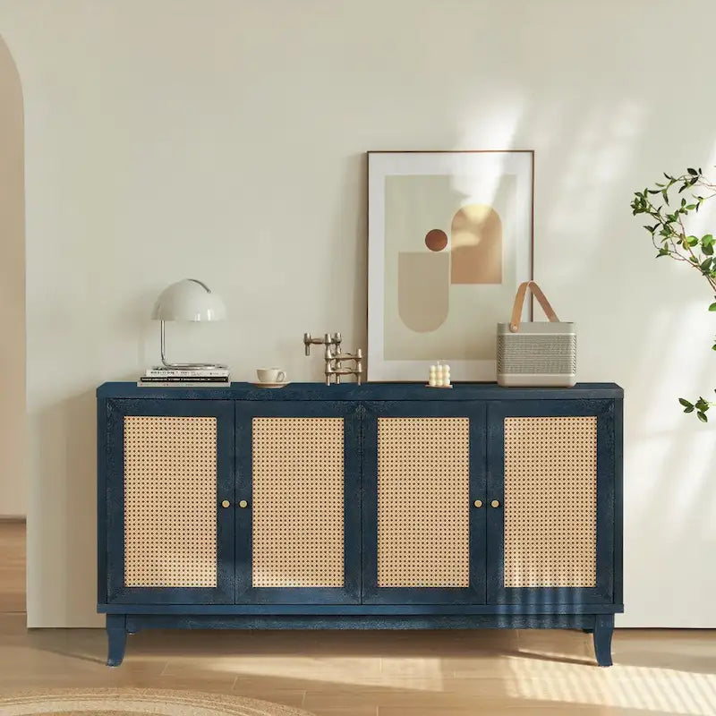 Handcrafted Premium Grain Panels,Rattan Sideboard Buffet Cabinet, Accent Storage Cabinet, Navy Blue - N/A