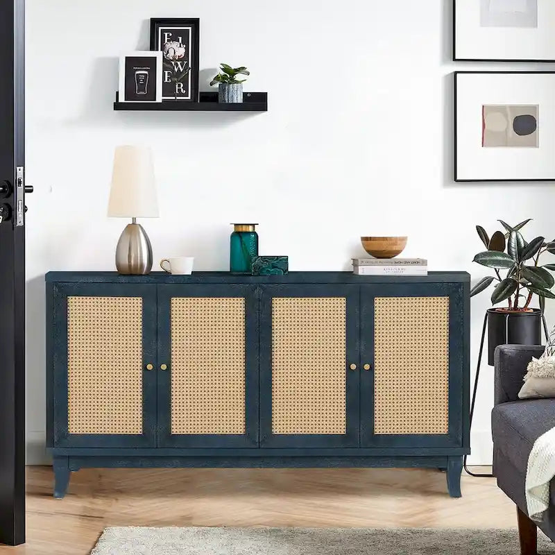 Handcrafted Premium Grain Panels,Rattan Sideboard Buffet Cabinet, Accent Storage Cabinet, Navy Blue - N/A