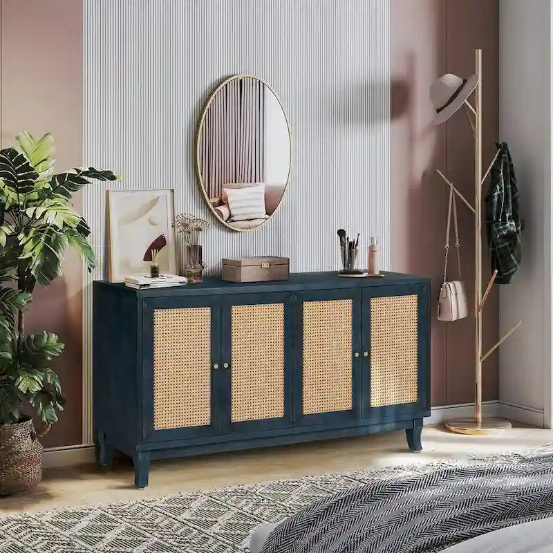 Handcrafted Premium Grain Panels,Rattan Sideboard Buffet Cabinet, Accent Storage Cabinet, Navy Blue - N/A