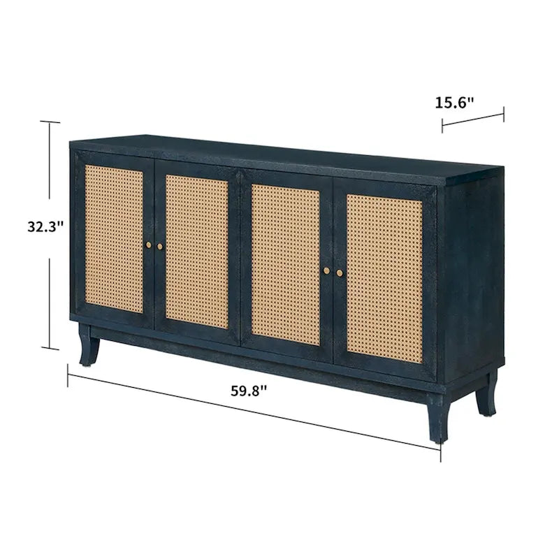 Handcrafted Premium Grain Panels,Rattan Sideboard Buffet Cabinet, Accent Storage Cabinet, Navy Blue - N/A