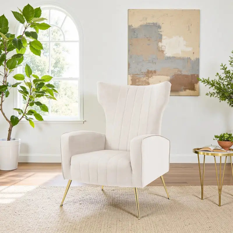 Velvet Stripe Wingback Accent Chair with Metal Legs for Living Room