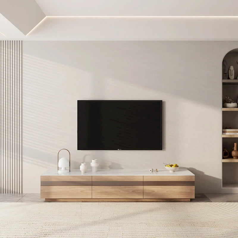 Modern Light Wood TV Stands, Glossy Stone Table-top, 3-6Drawers, Fully Assembled
