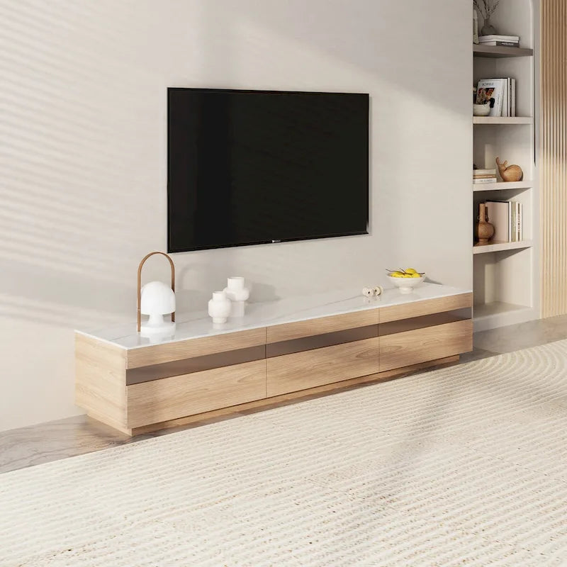 Modern Light Wood TV Stands, Glossy Stone Table-top, 3-6Drawers, Fully Assembled