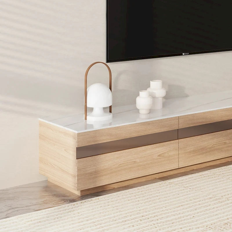 Modern Light Wood TV Stands, Glossy Stone Table-top, 3-6Drawers, Fully Assembled